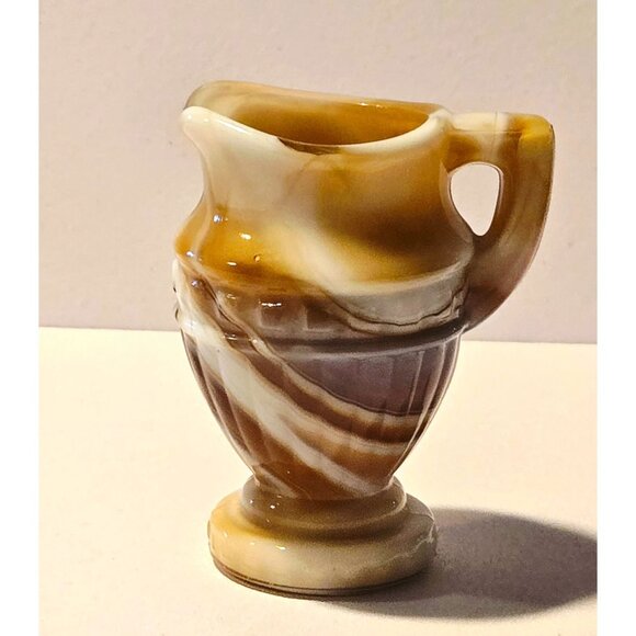 Vintage Imperial Glass Caramel Brown & White Slag Glass Miniature Pitcher Vase - Picture 1 of 7